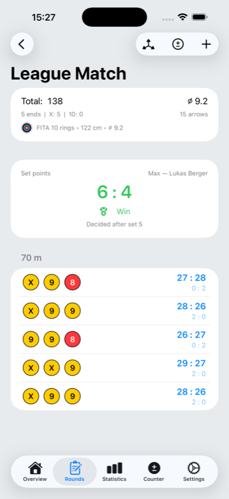 Match play scoring with set points and list of sets