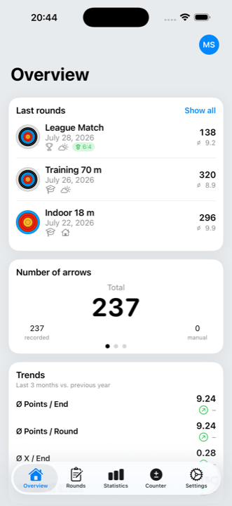 ArrowNotes overview with recent rounds, arrow count and trends