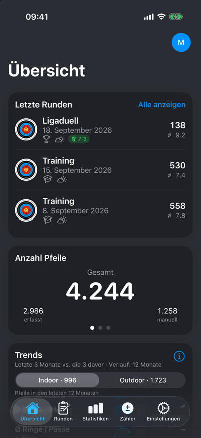 Übersicht in ArrowNotes mit letzten Runden, Pfeilzahl und Trends