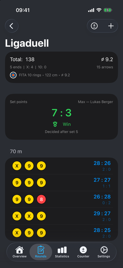Match scoring with set points and set list