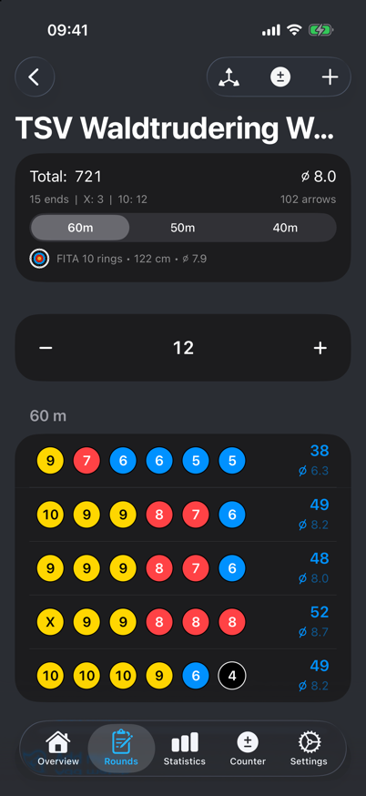 Round with four sections at 90, 70, 50 and 30 metres