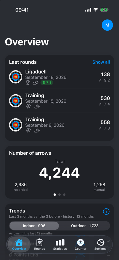 ArrowNotes overview with recent rounds, arrow count and trends